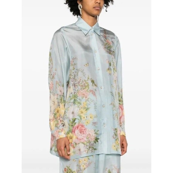 ZIMMERMANN Waverly Floral-Print Shirt Light Blue Silk Size AU 0P/ US 2P - Picture 3 of 14